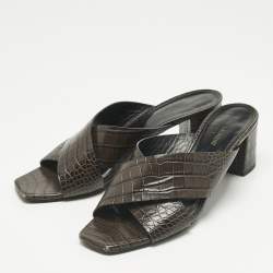 Pre Owned Saint Laurent Brown Croc Embossed Leather Loulou Slide Sandals Size 40.5