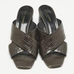 Pre Owned Saint Laurent Brown Croc Embossed Leather Loulou Slide Sandals Size 40.5