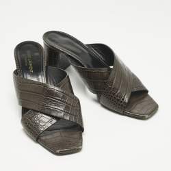 Pre Owned Saint Laurent Brown Croc Embossed Leather Loulou Slide Sandals Size 40.5