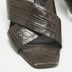 Pre Owned Saint Laurent Brown Croc Embossed Leather Loulou Slide Sandals Size 40.5