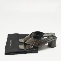 Pre Owned Saint Laurent Brown Croc Embossed Leather Loulou Slide Sandals Size 40.5