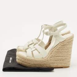 Pre Owned Saint Laurent White Leather Tribute Wedge Espadrille Sandals Size 38