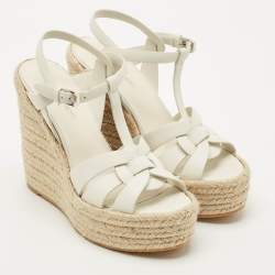 Pre Owned Saint Laurent White Leather Tribute Wedge Espadrille Sandals Size 38