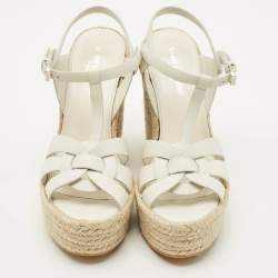 Pre Owned Saint Laurent White Leather Tribute Wedge Espadrille Sandals Size 38