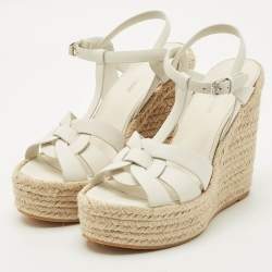 Pre Owned Saint Laurent White Leather Tribute Wedge Espadrille Sandals Size 38