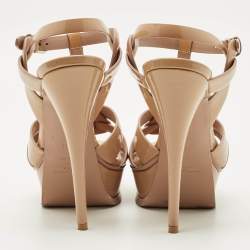 Pre Owned Saint Laurent Paris Beige Patent Leather Tribute Platform Sandals Size 37.5