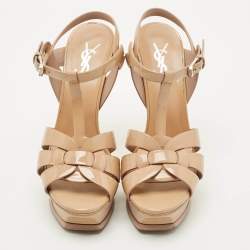 Pre Owned Saint Laurent Paris Beige Patent Leather Tribute Platform Sandals Size 37.5