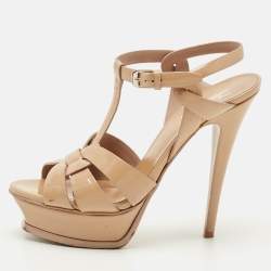 Pre Owned Saint Laurent Paris Beige Patent Leather Tribute Platform Sandals Size 37.5