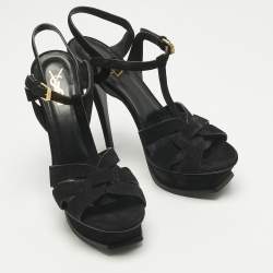 Pre Owned Saint Laurent Black Suede Tribute Platform Sandals Size 40.5