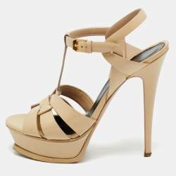 Pre Owned Saint Laurent Beige Patent Leather Tribute Platform Sandals Size 38