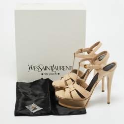 Pre Owned Saint Laurent Beige Patent Leather Tribute Platform Sandals Size 38