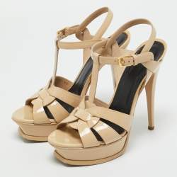 Pre Owned Saint Laurent Beige Patent Leather Tribute Platform Sandals Size 38