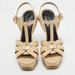 Pre Owned Saint Laurent Beige Patent Leather Tribute Platform Sandals Size 38