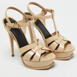 Pre Owned Saint Laurent Beige Patent Leather Tribute Platform Sandals Size 38