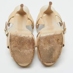 Pre Owned Saint Laurent Beige Patent Leather Tribute Platform Sandals Size 38