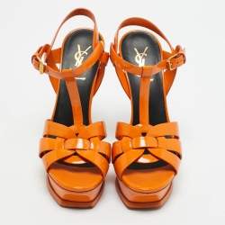 Pre Owned Saint Laurent Paris Patent Leather Tribute Platform Sandals Size 36