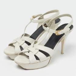 Pre Owned Saint Laurent Paris White Leather Tribute Platform Sandals Size 41