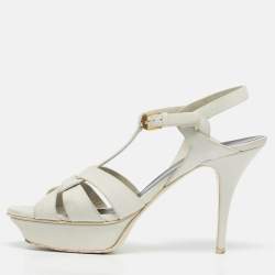 Pre Owned Saint Laurent Paris White Leather Tribute Platform Sandals Size 41