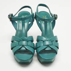 Pre Owned Saint Laurent Green Leather Tribute Ankle Strap Sandals Size 39