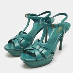 Pre Owned Saint Laurent Green Leather Tribute Ankle Strap Sandals Size 39