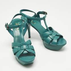 Pre Owned Saint Laurent Green Leather Tribute Ankle Strap Sandals Size 39