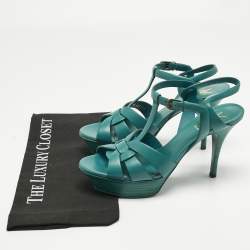 Pre Owned Saint Laurent Green Leather Tribute Ankle Strap Sandals Size 39