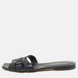 Pre Owned Saint Laurent Paris Black Leather Tribute Flat Sandals Size 38