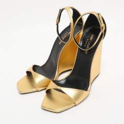Pre Owned Saint Laurent Paris Gold Metalic Leather Dare Ankle Strap Sandals Size 40