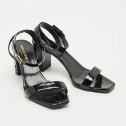 Pre Owned Saint Laurent Black Patent Leather Ankle Strap Sandals Size 39.5