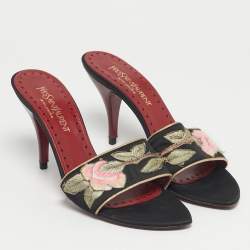 Pre Owned Saint Laurent Black Leather and Satin Flower Embroidered Slide Sandals Size 37.5