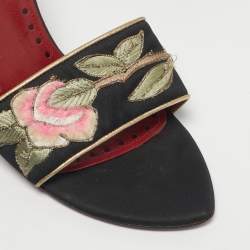 Pre Owned Saint Laurent Black Leather and Satin Flower Embroidered Slide Sandals Size 37.5