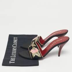 Pre Owned Saint Laurent Black Leather and Satin Flower Embroidered Slide Sandals Size 37.5