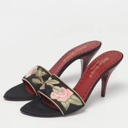 Pre Owned Saint Laurent Black Leather and Satin Flower Embroidered Slide Sandals Size 37.5