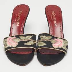 Pre Owned Saint Laurent Black Leather and Satin Flower Embroidered Slide Sandals Size 37.5