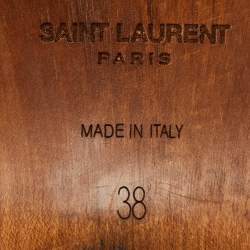 مملوكة مسبقًا صندل سان لوران خشب منصة مزخرفة بأشرطة جلد أسود مقاس 38