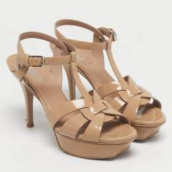 Pre Owned Saint Laurent Paris Beige Patent Leather Platform Sandals Size 36.5