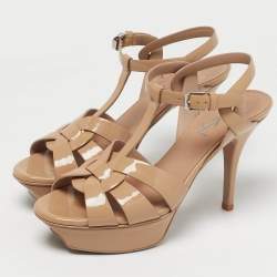 Pre Owned Saint Laurent Paris Beige Patent Leather Platform Sandals Size 36.5