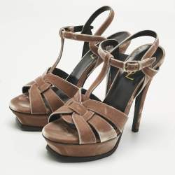 Pre Owned Saint Laurent Beige Velvet Ankle Strap Sandals Size 37