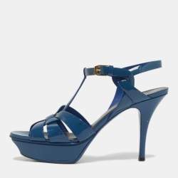 Pre Owned Saint Laurent Paris Blue Patent Leather Tribute Platform Ankle Strap Sandals Size 38