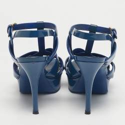 Pre Owned Saint Laurent Paris Blue Patent Leather Tribute Platform Ankle Strap Sandals Size 38