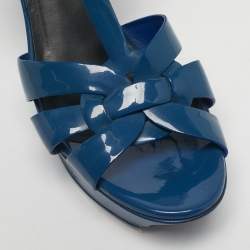Pre Owned Saint Laurent Paris Blue Patent Leather Tribute Platform Ankle Strap Sandals Size 38
