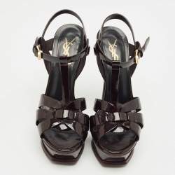 Pre Owned Saint Laurent Burgundy Patent Leather Tribute Platform Sandals Size 36.5