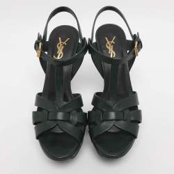 Pre Owned Saint Laurent Green Leather Tribute Platform Sandals Size 36