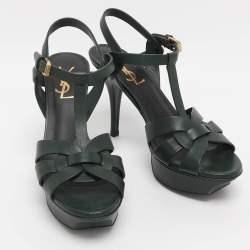Pre Owned Saint Laurent Green Leather Tribute Platform Sandals Size 36