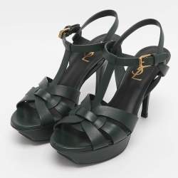 Pre Owned Saint Laurent Green Leather Tribute Platform Sandals Size 36