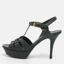 Pre Owned Saint Laurent Green Leather Tribute Platform Sandals Size 36
