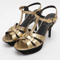 Pre Owned Saint Laurent Beige Patent leather Tribute Sandals Size 36.5