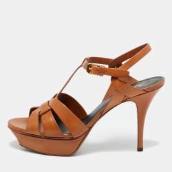 Pre Owned Saint Laurent Brown Leather Tribute Platform Sandals Size 40