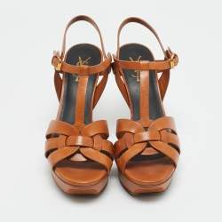 Pre Owned Saint Laurent Brown Leather Tribute Platform Sandals Size 40
