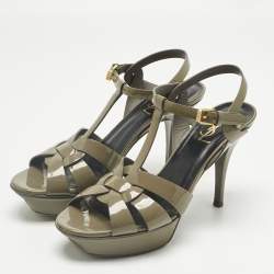 Pre Owned Saint Laurent Grey Patent Leather Tribute Platform Ankle Strap Sandals Size 39